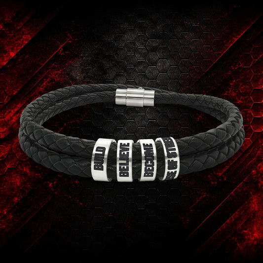 Engraved 'Build Believe Become' Beaded Leather Bracelet