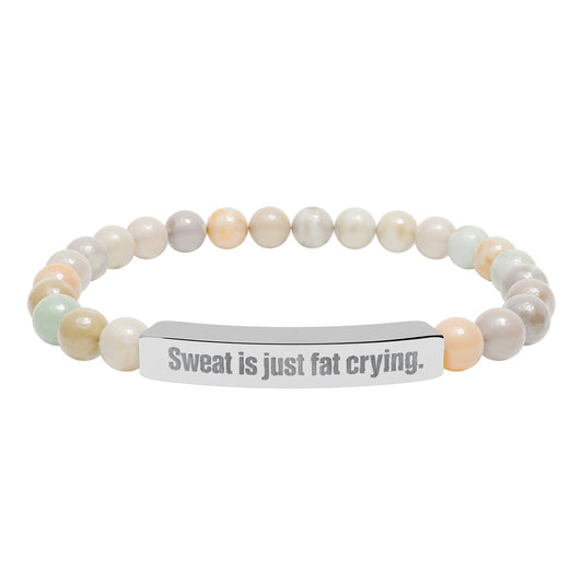 Engraved Natural Stone Stretch Bracelet — 'Sweat Is Just Fat Crying' Fitness Beaded Bracelet